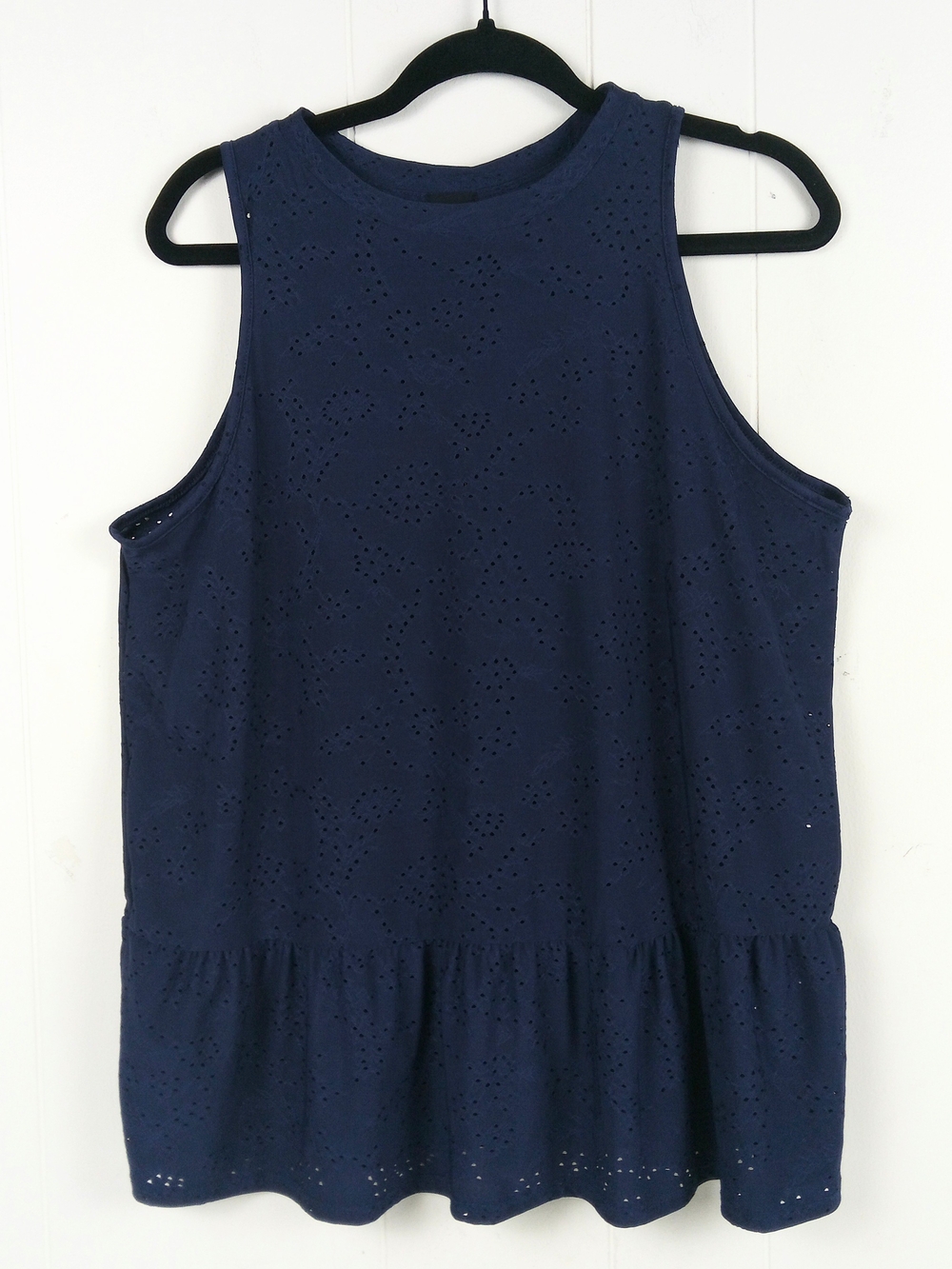 Navy Eyelet Peplum Tank Top - Women Size L Sleeveless NEW